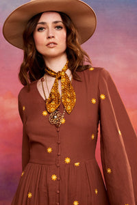 Harvest Moon Brown Embroidered Maxi Dress - The Hippie Shake