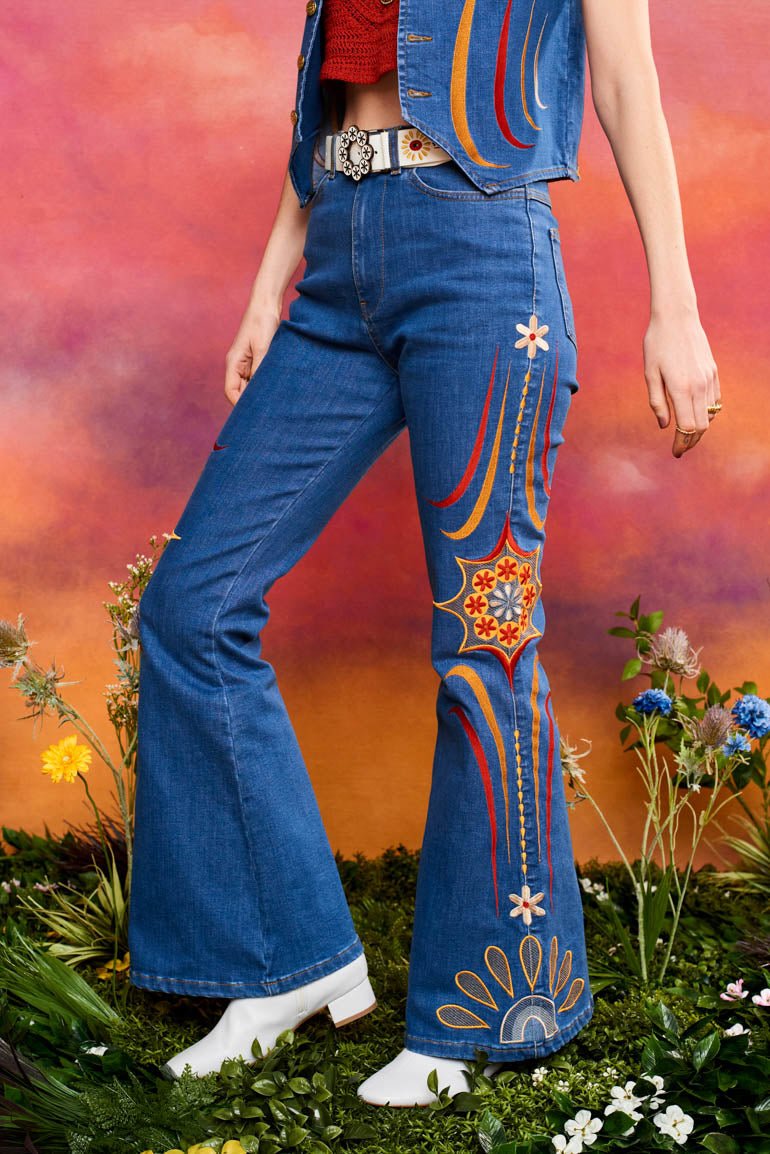 Revolution Blues Embroidered Denim Flares - PRE-ORDER - The Hippie Shake