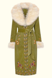 Angelina Green Corduroy Embroidered Long Coat - The Hippie Shake