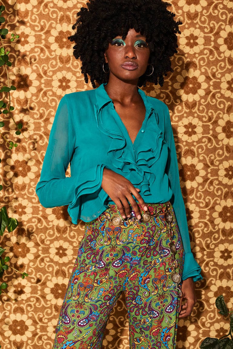 Let The Good Times Roll Teal Ruffle Blouse - The Hippie Shake