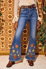 Little Girl Blue Floral Embroidered Denim Flared Jeans - The Hippie Shake