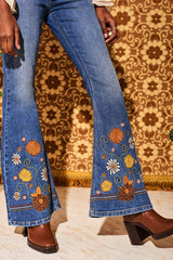 Little Girl Blue Floral Embroidered Denim Flared Jeans - The Hippie Shake