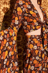Summer Of Love Brown Floral Bell Sleeve Tie Top - The Hippie Shake