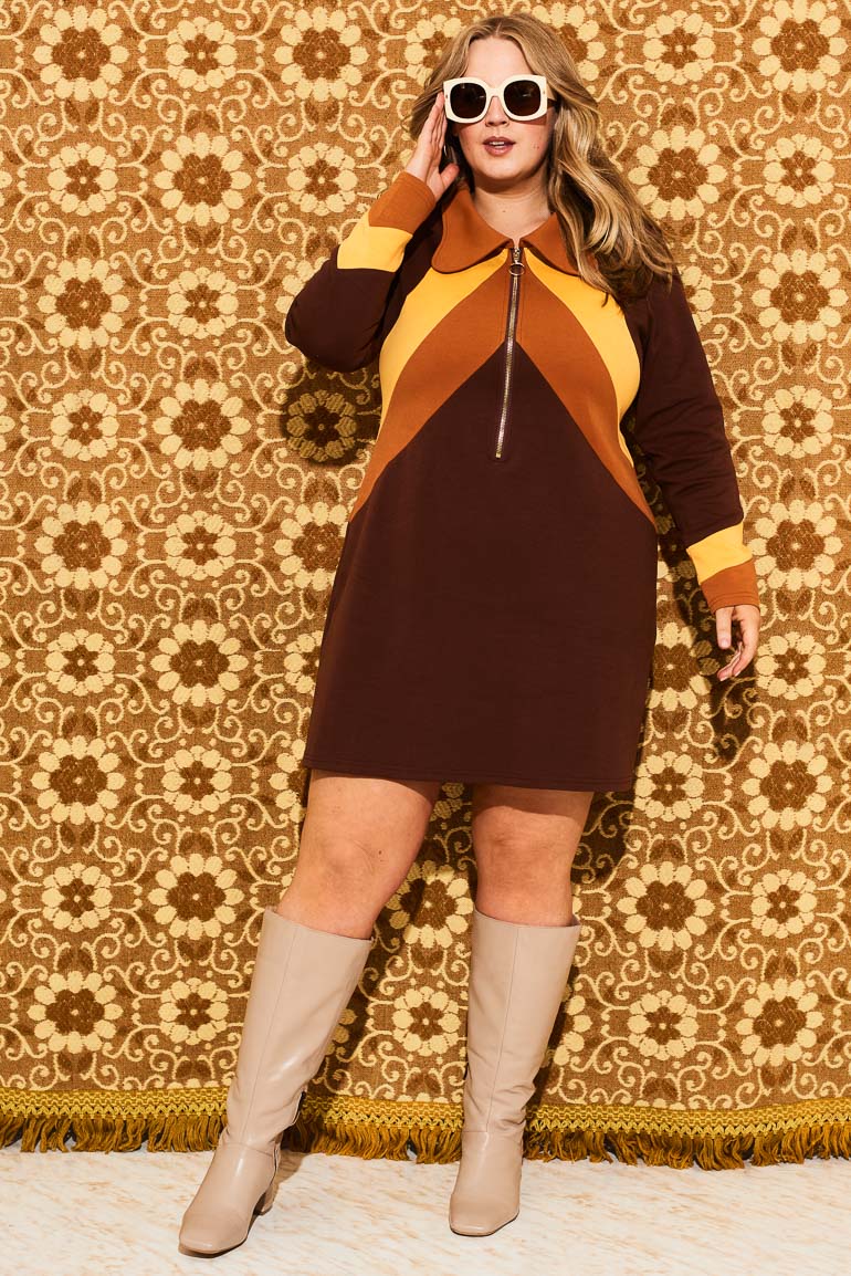 Suzie Q Brown Retro Stripe Zip Up Mini Dress - The Hippie Shake