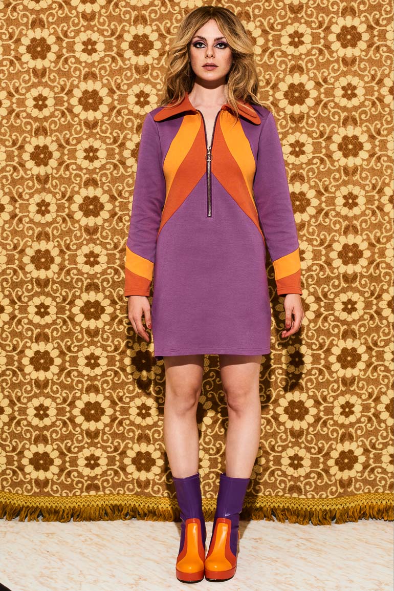 Suzie Q Purple Retro Stripe Zip Up Mini Dress - The Hippie Shake