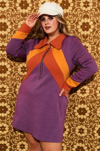 Suzie Q Purple Retro Stripe Zip Up Mini Dress - The Hippie Shake